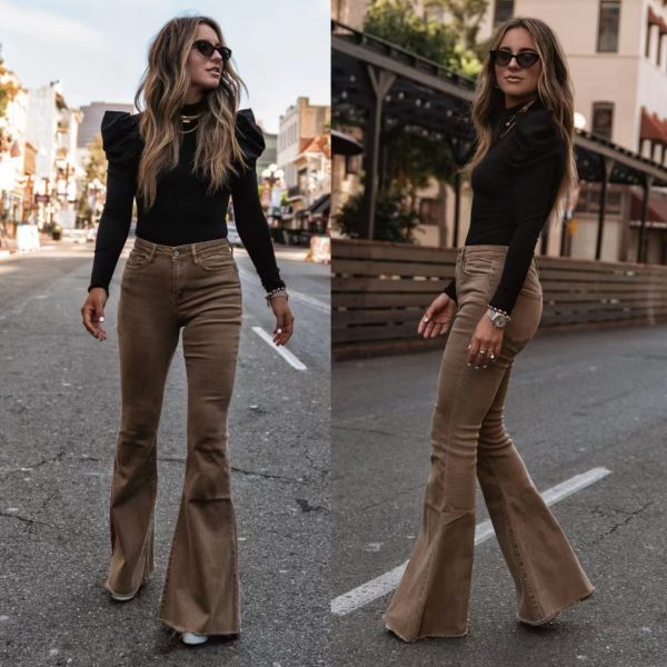 Solid Color Mid-waist Slim-fit Micro Flared Pants Corduroy - Image 7