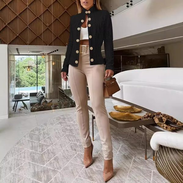 Women's Long-sleeved Slim-fit Coat With Metal Buckle And Stand Collar - Image 3