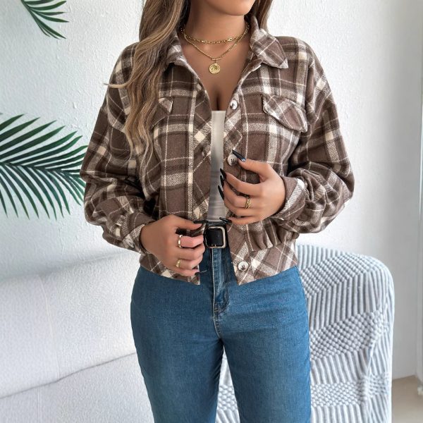 Plaid Faux Pocket Long Sleeve Woolen Cloth Jacket Coat - Image 4