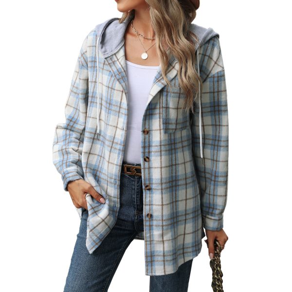 Hooded Multi-button Plaid Long Sleeve Loose Woolen Coat - Image 5