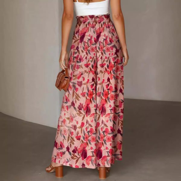 Flowers Printed Wide-leg Trousers Summer Casual Straight Pnats For Women Beach Clothing - Image 2
