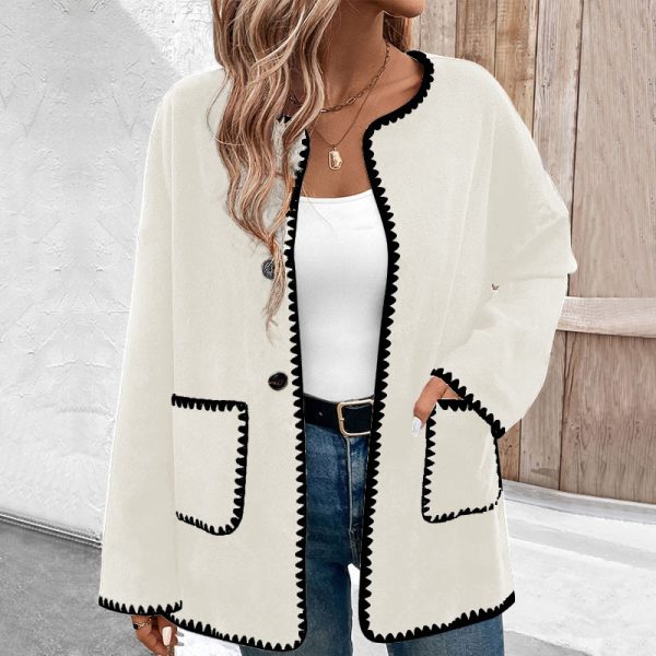 Loose Color Matching Long Sleeve Pocket Coat Women - Image 8