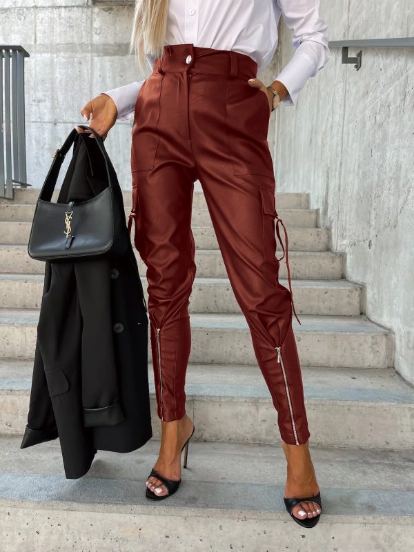Fashion Slim-fitting Leather Trousers Women Waist-cinching Zipper Design Pants With Pockets - Image 2