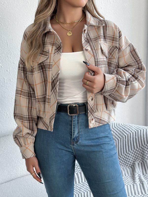 Plaid Faux Pocket Long Sleeve Woolen Cloth Jacket Coat - Image 6