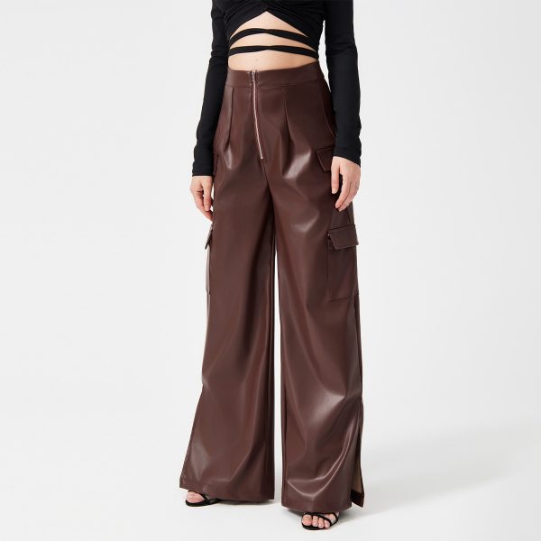 Fashion PU Trousers Metal Zipper Pocket Long Pants - Image 5