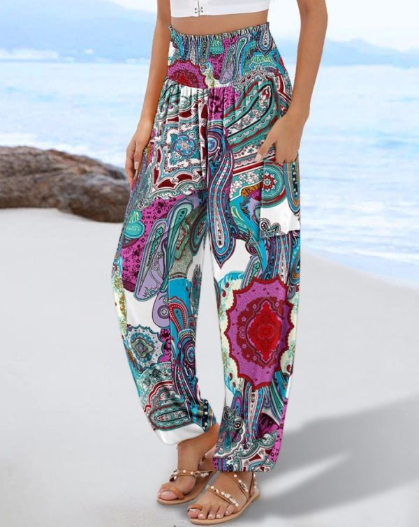 Sling Smocking Waist Positioning Printed Wide Leg Jumpsuit - Image 10