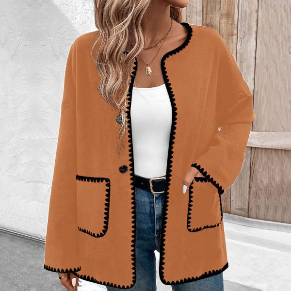 Loose Color Matching Long Sleeve Pocket Coat Women - Image 7
