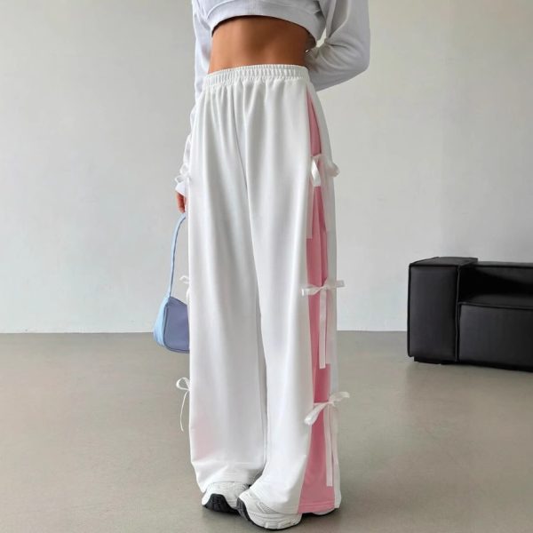 Women's Elastic Waist Contrast Color Straight-leg Trousers - Image 3