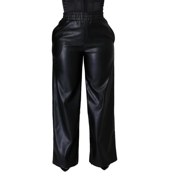 Solid Color Loose Wide Leg Pocket PU Leather Pants - Image 7