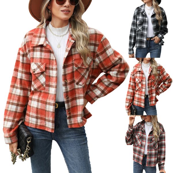 Lapel Plaid Button Loose Long-sleeved Woolen Coat - Image 2