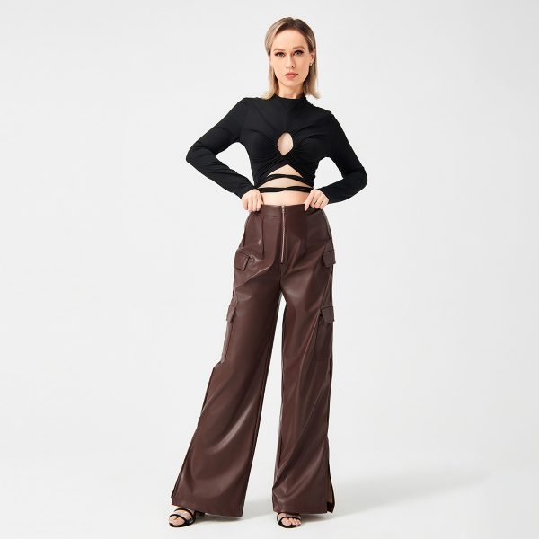 Fashion PU Trousers Metal Zipper Pocket Long Pants - Image 8