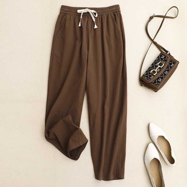 Pure Cotton Casual Pants Simple Tapered Cropped Pants Mid Waist