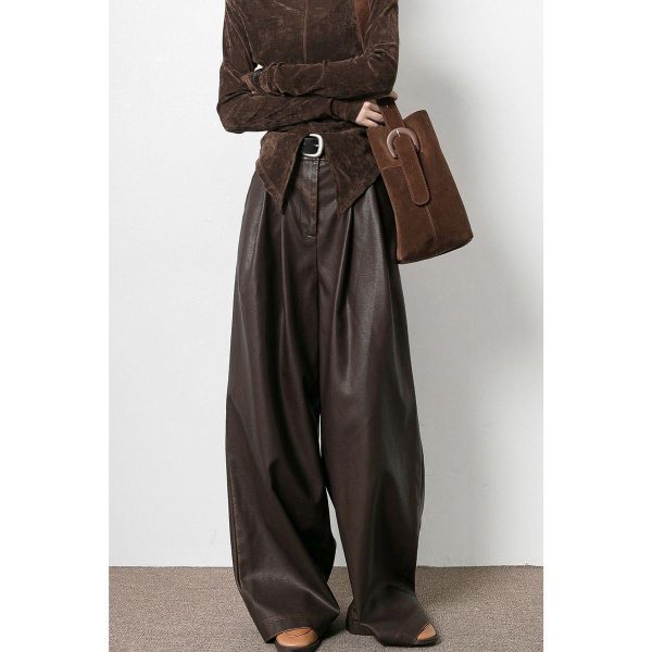 Vintage Brown Pleated PU Leather Pants Women's Clothing - Image 5