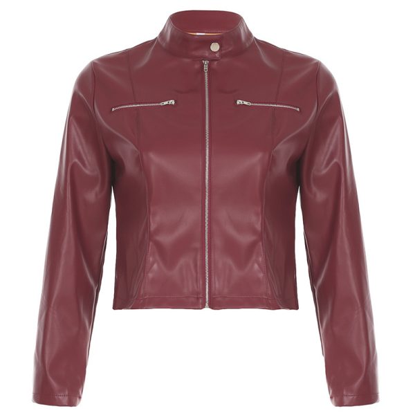 PU Leather Zipper Pocket Slim Fit Slimming Long Sleeves - Image 6