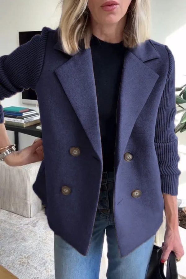 Double Breasted Lapel Jacket Fashion Knitted Sleeves Splicing Design Coat Outerwear Women's Clothing - Image 6