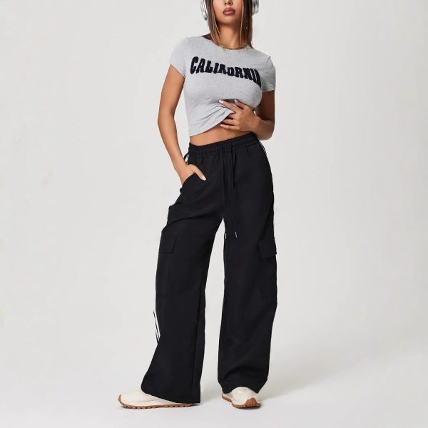 Striped Elastic Waist Drawstring Sports Loose Trousers - Image 4
