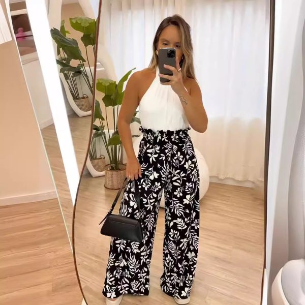 Printed Elastic Waist Loose Trousers - Image 4
