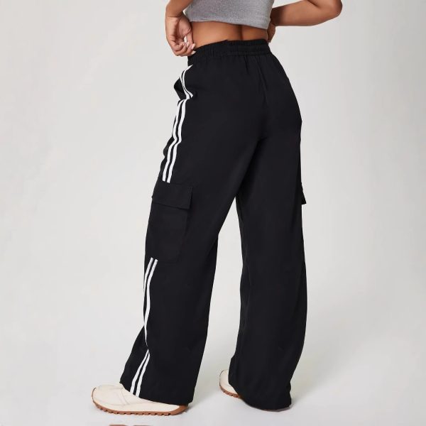 Striped Elastic Waist Drawstring Sports Loose Trousers - Image 5