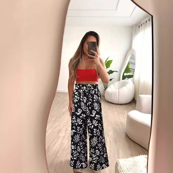 Printed Elastic Waist Loose Trousers - Image 3