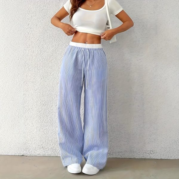 Leisure Commute Simple Blue Striped Draggle-tail Straight Trousers - Image 4