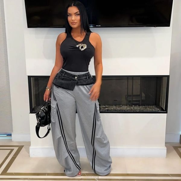 Women's Fashion Denim Stitching Elastic Waist Pull Strip Baggy Straight Trousers - Image 3