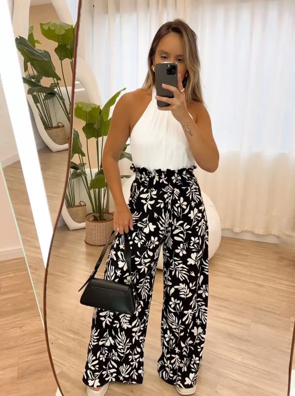 Printed Elastic Waist Loose Trousers - Image 5