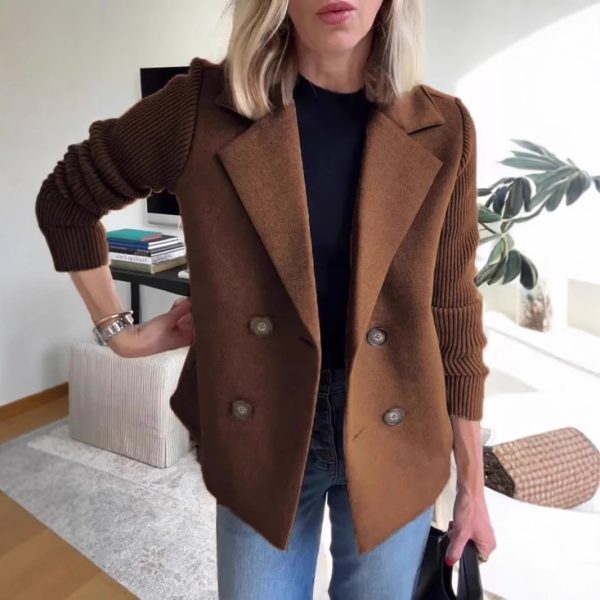 Double Breasted Lapel Jacket Fashion Knitted Sleeves Splicing Design Coat Outerwear Women's Clothing - Image 3