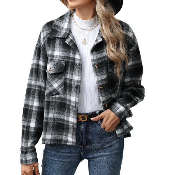 Lapel Plaid Button Loose Long-sleeved Woolen Coat - Image 6