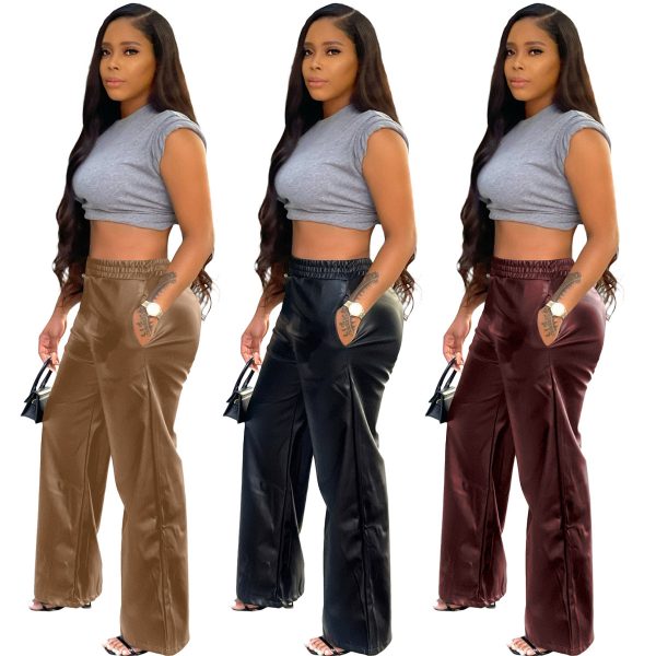 Solid Color Loose Wide Leg Pocket PU Leather Pants - Image 2