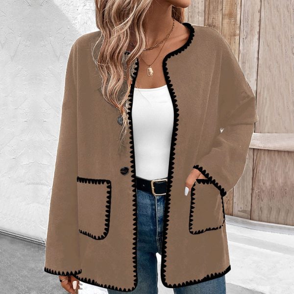 Loose Color Matching Long Sleeve Pocket Coat Women - Image 9