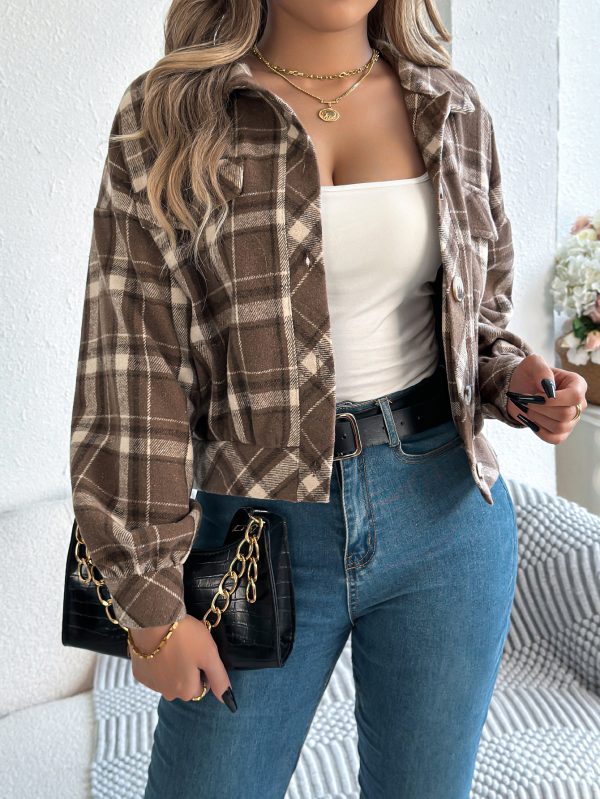 Plaid Faux Pocket Long Sleeve Woolen Cloth Jacket Coat - Image 9