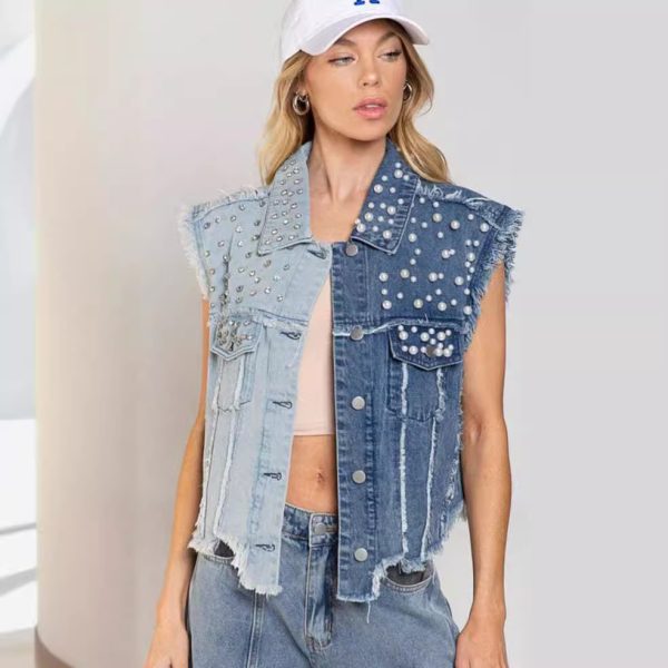 Splicing Beads Loose Women's Short Denim Vest - Image 2