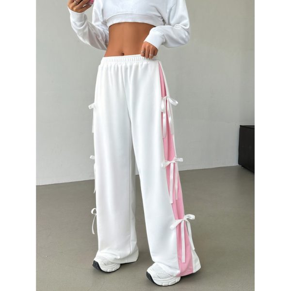 Women's Elastic Waist Contrast Color Straight-leg Trousers - Image 6