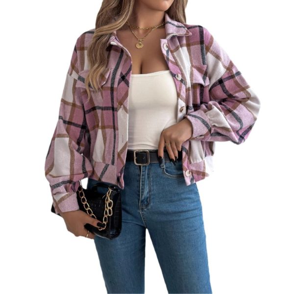 Plaid Faux Pocket Long Sleeve Woolen Cloth Jacket Coat - Image 5