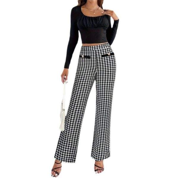 Faux Pocket Fastener Decoration Straight Wide Leg Pants Trousers - Image 5