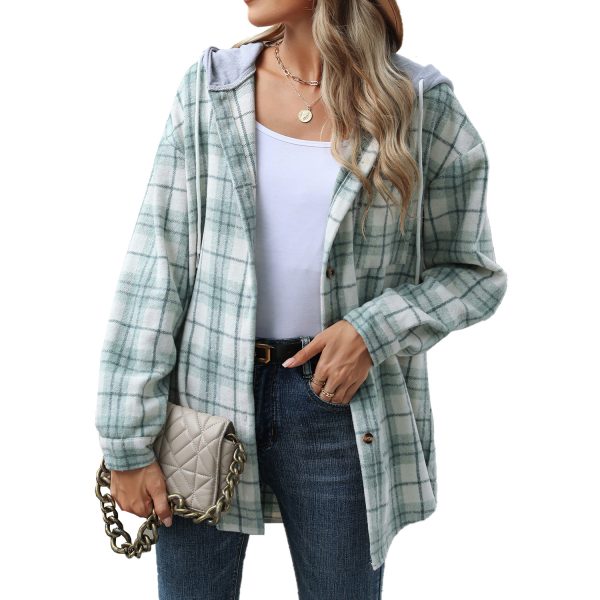 Hooded Multi-button Plaid Long Sleeve Loose Woolen Coat - Image 4