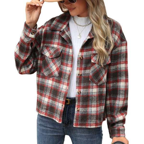 Lapel Plaid Button Loose Long-sleeved Woolen Coat - Image 5