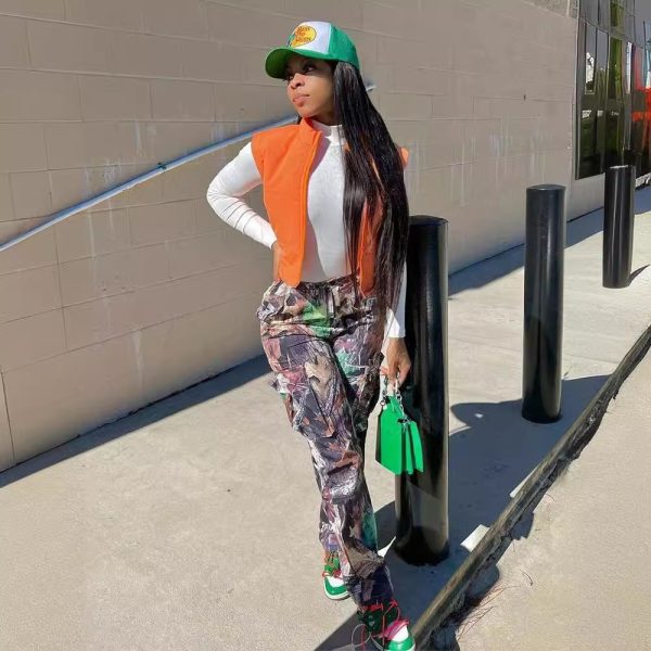 Leaf Print Straight High Waist Pocket Multi-color Overalls - Image 4