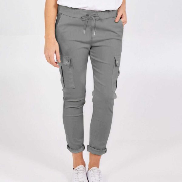 Casual Cargo Pants With Pockets Solid Color Drawstring Waist Pencil Trousers For Women - Image 2