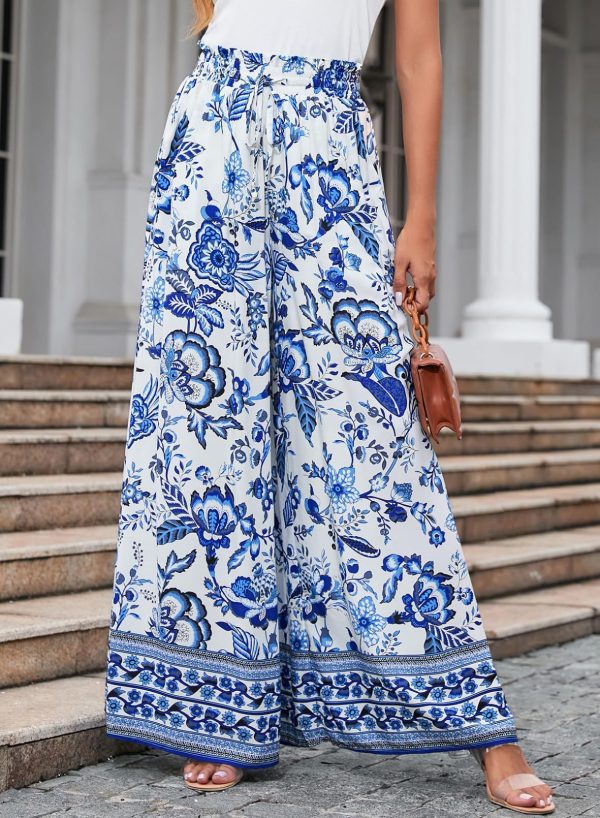 Flowers Printed Wide-leg Trousers Summer Casual Straight Pnats For Women Beach Clothing - Image 8