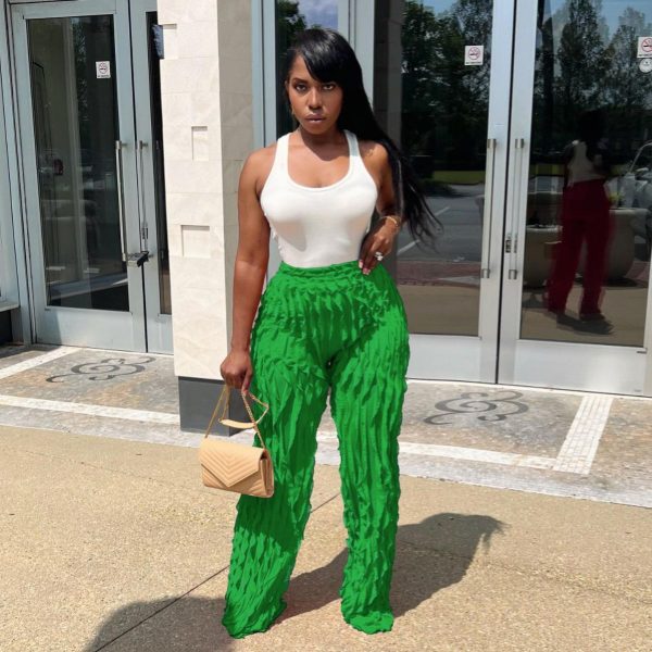 Women's Mesh Wavy Ruffled Loose High Waist Wide Leg Trousers - Image 3