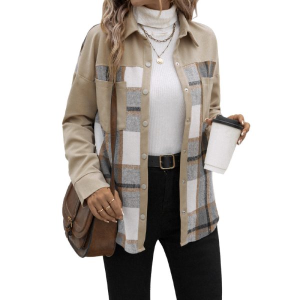 Lapel Pocket Plaid Colorblock Coat - Image 5