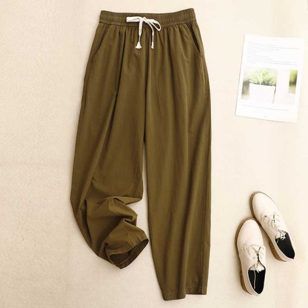 Pure Cotton Casual Pants Simple Tapered Cropped Pants Mid Waist - Image 3