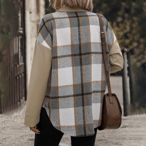 Lapel Pocket Plaid Colorblock Coat - Image 4