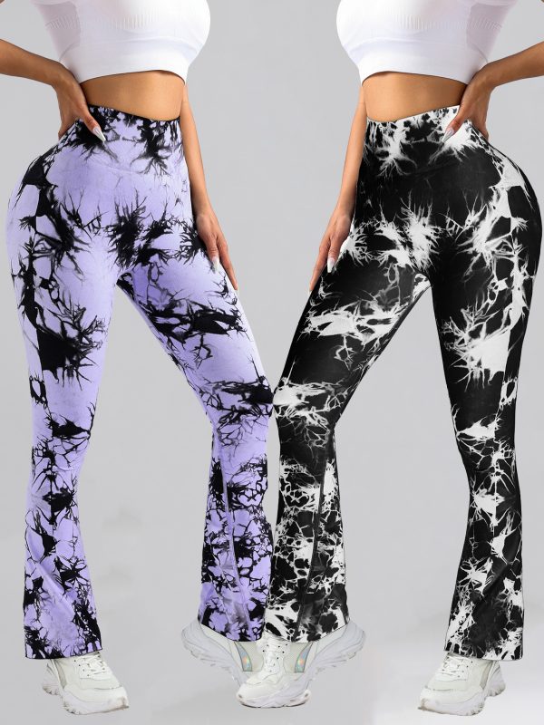 2 Pack Tie Dyed High Waisted Flared Butt-lifting Fitness Sports Women's Yoga Bell-bottom Pants, Workout Leggings For Women, Gym Scrunch Butt Butt Lifting Seamless Leggings - Image 5