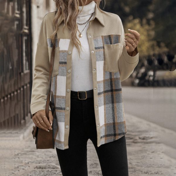Lapel Pocket Plaid Colorblock Coat - Image 3