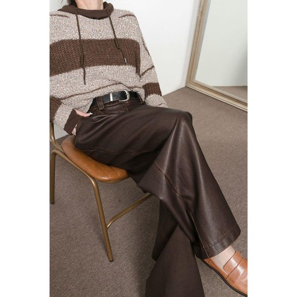 Vintage Brown Pleated PU Leather Pants Women's Clothing - Image 3