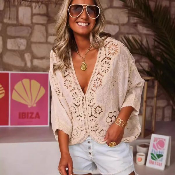 Women's V-neck Hollow Lace Crochet Shirt - Image 4