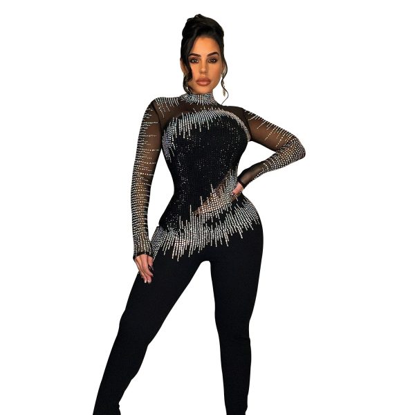Women's Pure Color Mesh Rhinestone Long-sleeved Trousers Jumpsuit - Image 3