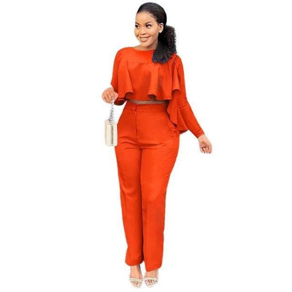 Solid Color Hollow-out Long Sleeve High Waist Wide Leg Pants Two-piece Set - Image 4